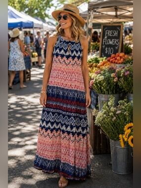 Antthony Sleeveless Boho Print Swing Dress Navy Coral White Keyhole Neck Size L